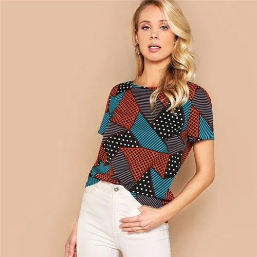 Geometric And Polka-Dot Print Women Tops And Blouses Lady Summer Multicolor Casual Streetwear Basic Blouse Woman Clothes