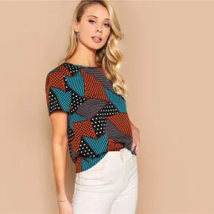 Geometric And Polka-Dot Print Women Tops And Blouses Lady Summer Multicolor Casual Streetwear Basic Blouse Woman Clothes