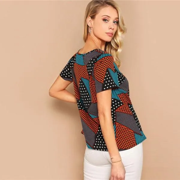 Geometric And Polka-Dot Print Women Tops And Blouses Lady Summer Multicolor Casual Streetwear Basic Blouse Woman Clothes