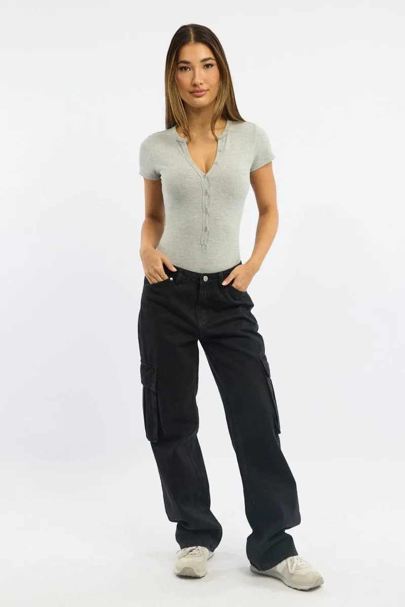 Grey Bodysuit Short Sleeve Button Front Rib