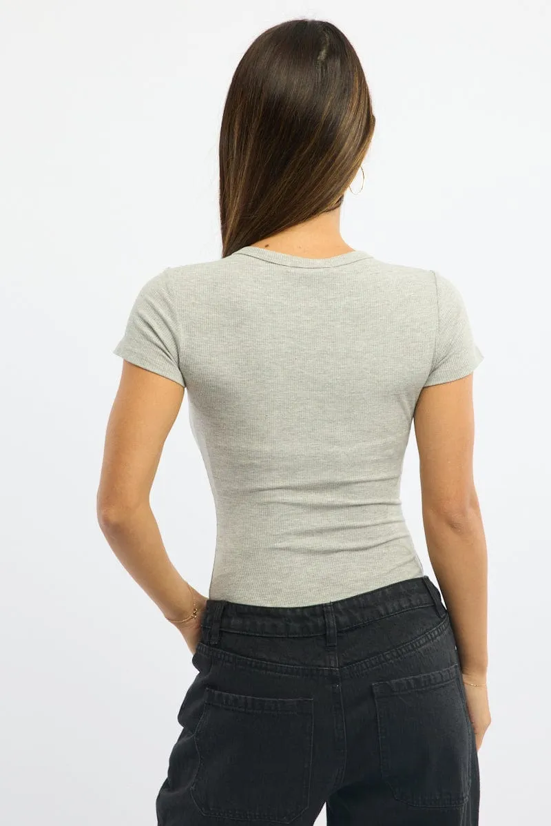 Grey Bodysuit Short Sleeve Button Front Rib