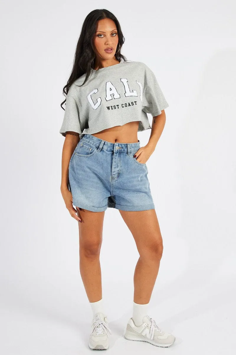 Grey Graphic Tee Crop T-shirt Borg Fluffy Slogan