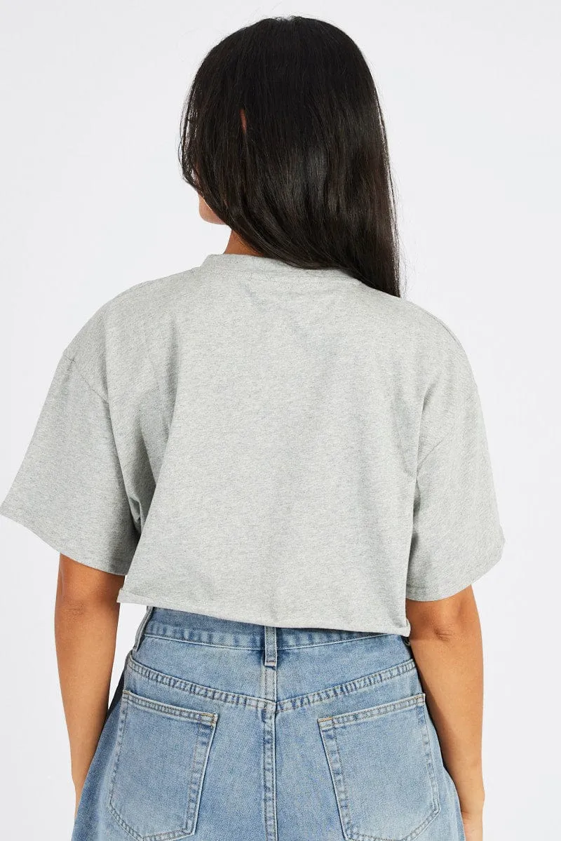 Grey Graphic Tee Crop T-shirt Borg Fluffy Slogan