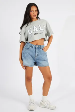 Grey Graphic Tee Crop T-shirt Borg Fluffy Slogan