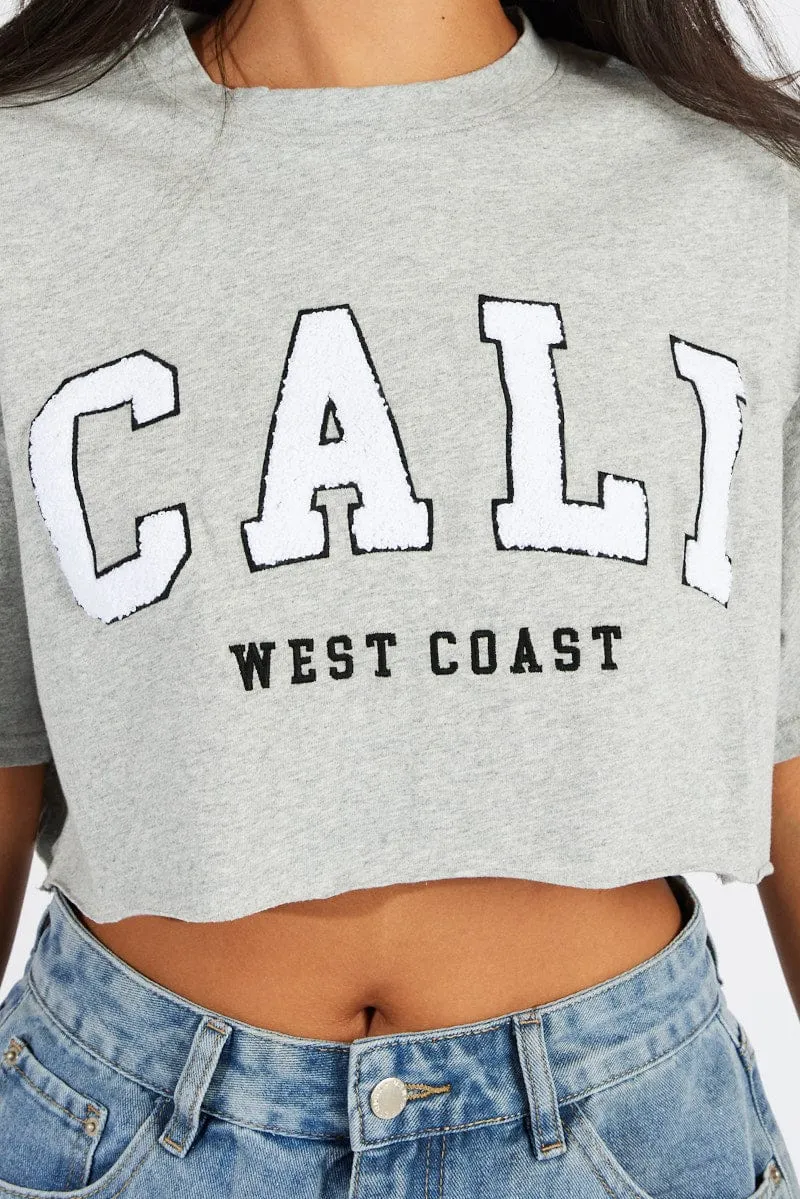 Grey Graphic Tee Crop T-shirt Borg Fluffy Slogan