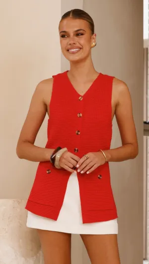 Inari Knit Button Up Vest - Red