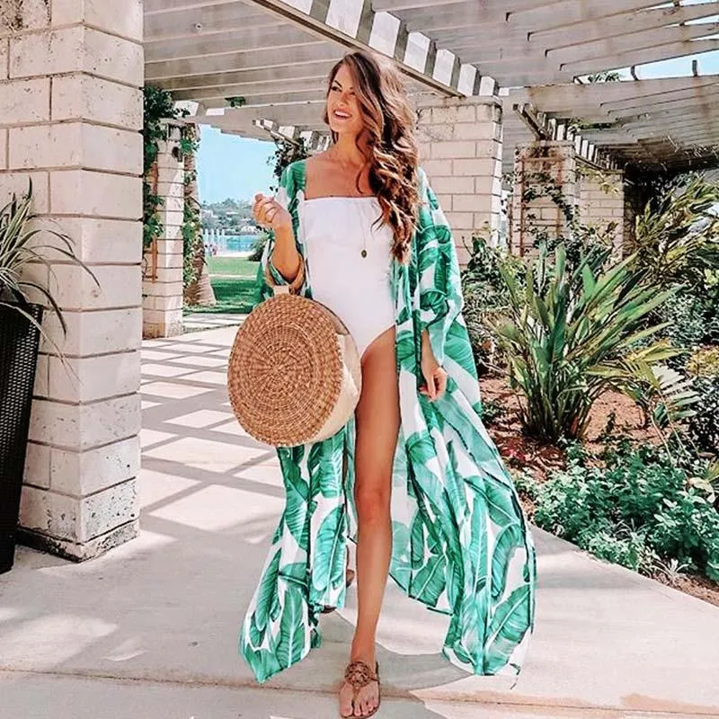 Leaves Print Bikini Beach Cover up Tunics for Beach Long Kaftan Bikini Cover up