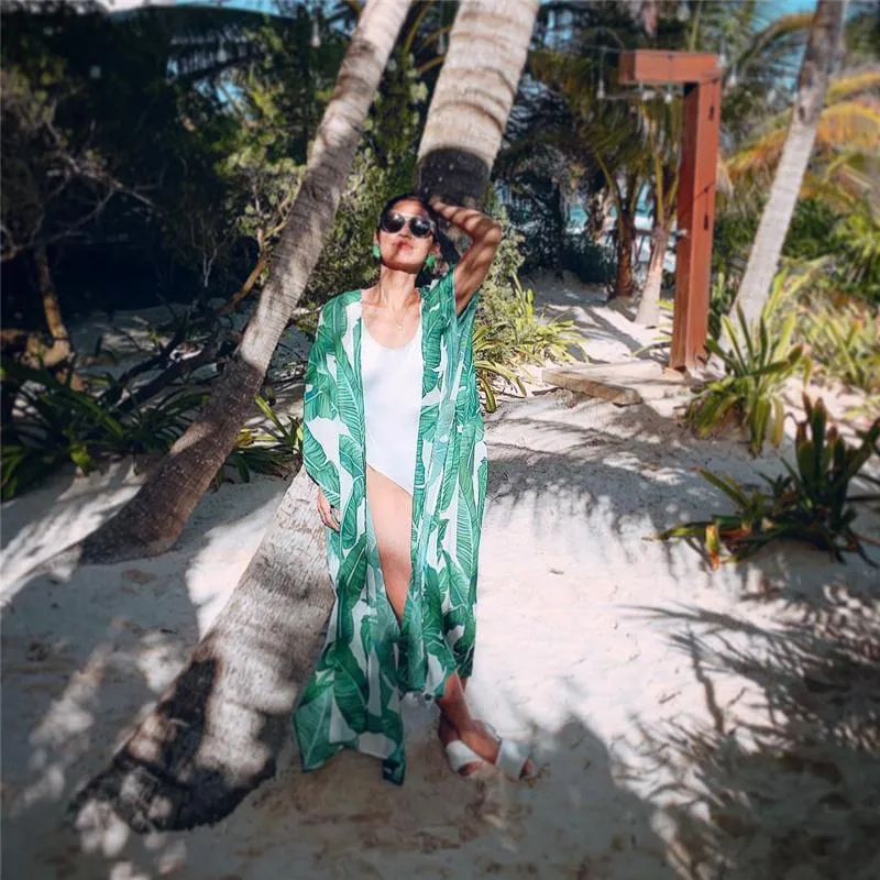 Leaves Print Bikini Beach Cover up Tunics for Beach Long Kaftan Bikini Cover up