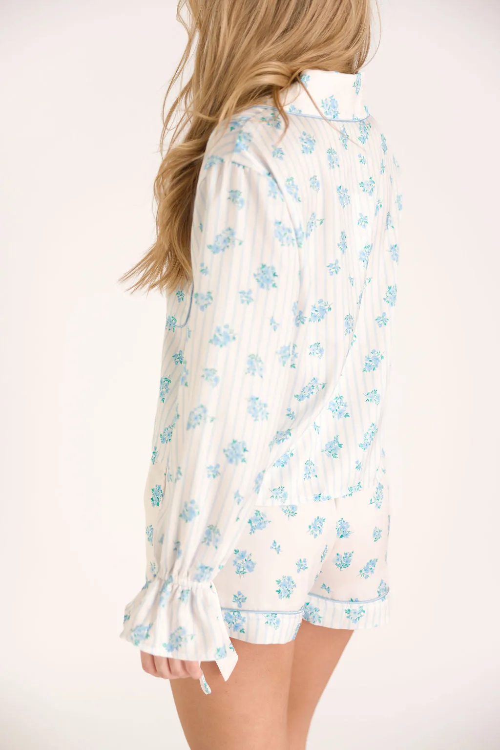 Lottie Satin Pajama Set in White/Blue Floral and Stripes
