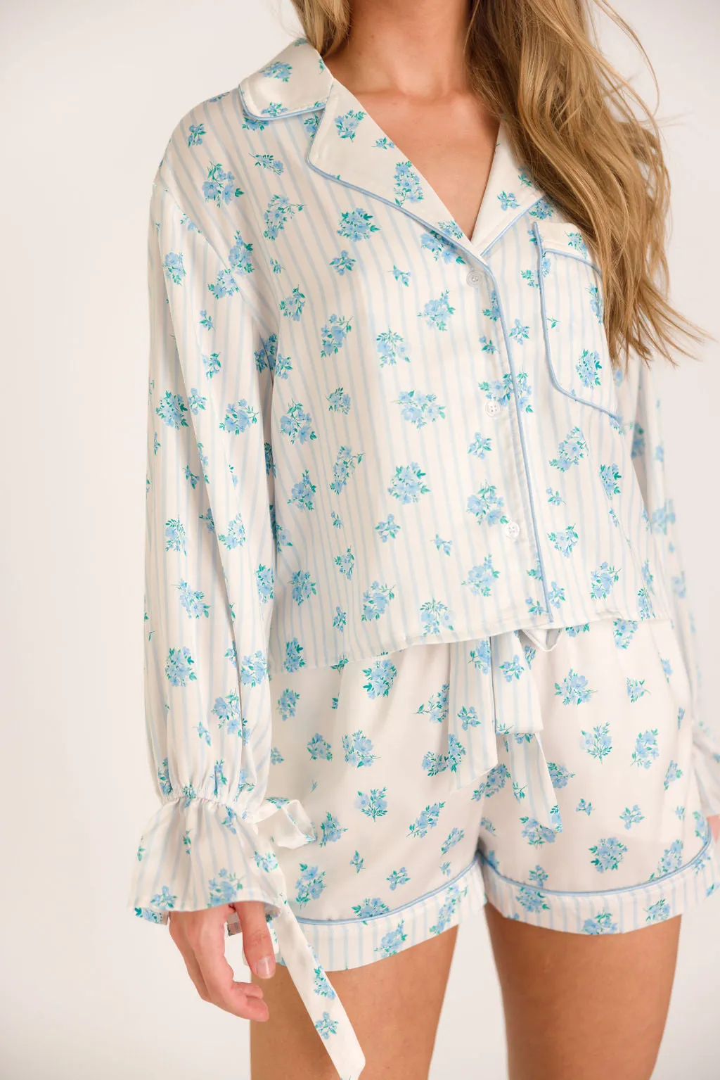 Lottie Satin Pajama Set in White/Blue Floral and Stripes