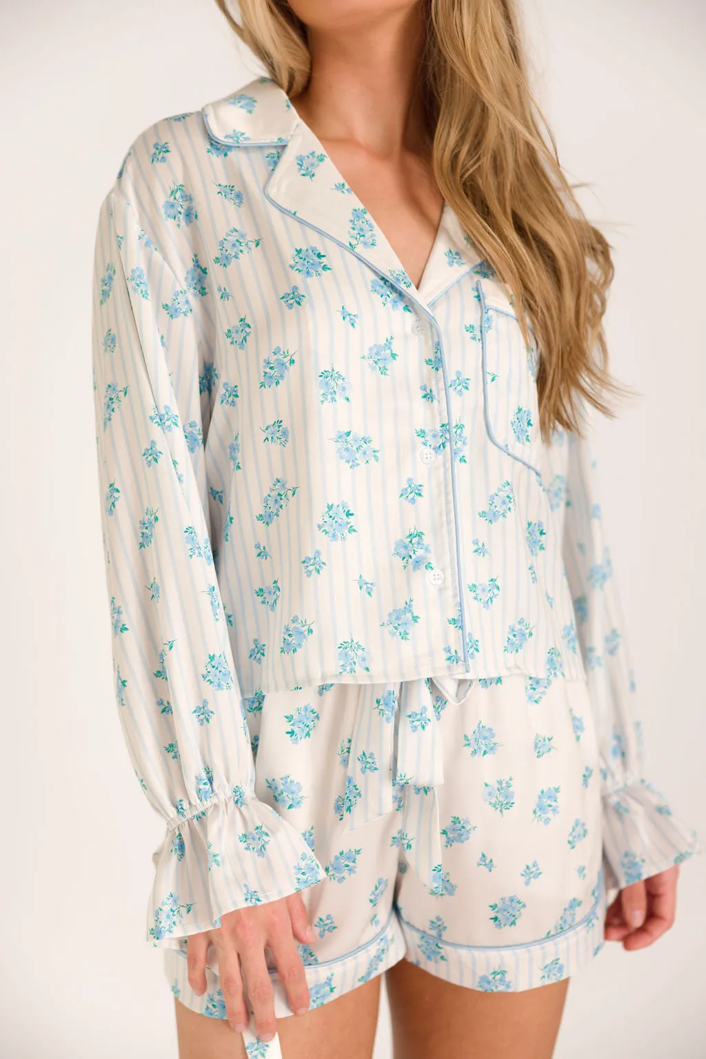 Lottie Satin Pajama Set in White/Blue Floral and Stripes