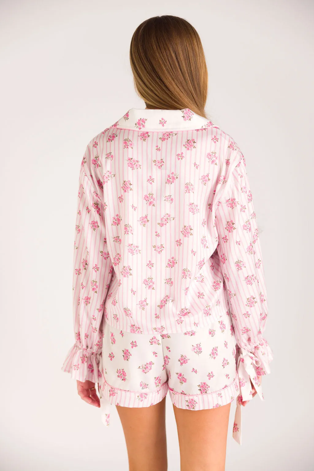 Lottie Satin Pajama Set in White/Pink Floral and Stripes