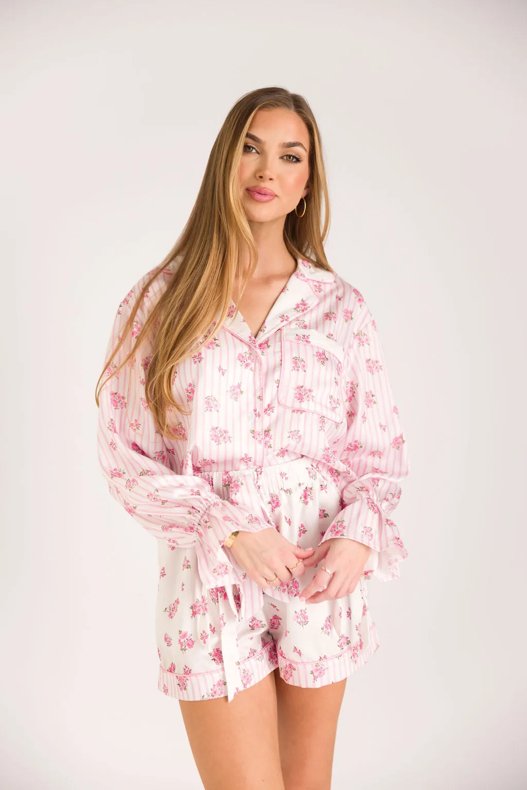 Lottie Satin Pajama Set in White/Pink Floral and Stripes