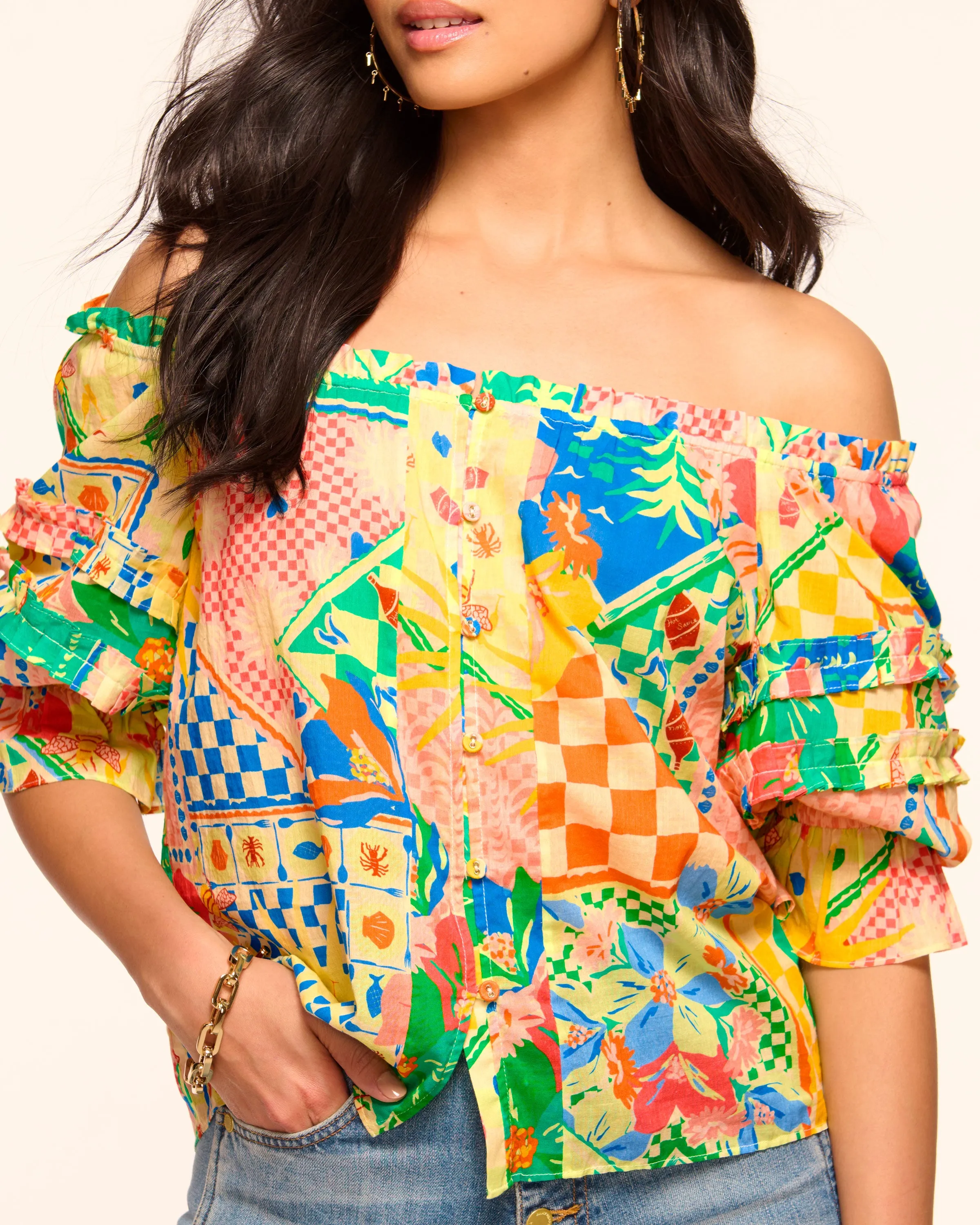 Lula Printed Cotton Off-The-Shoulder Blouse