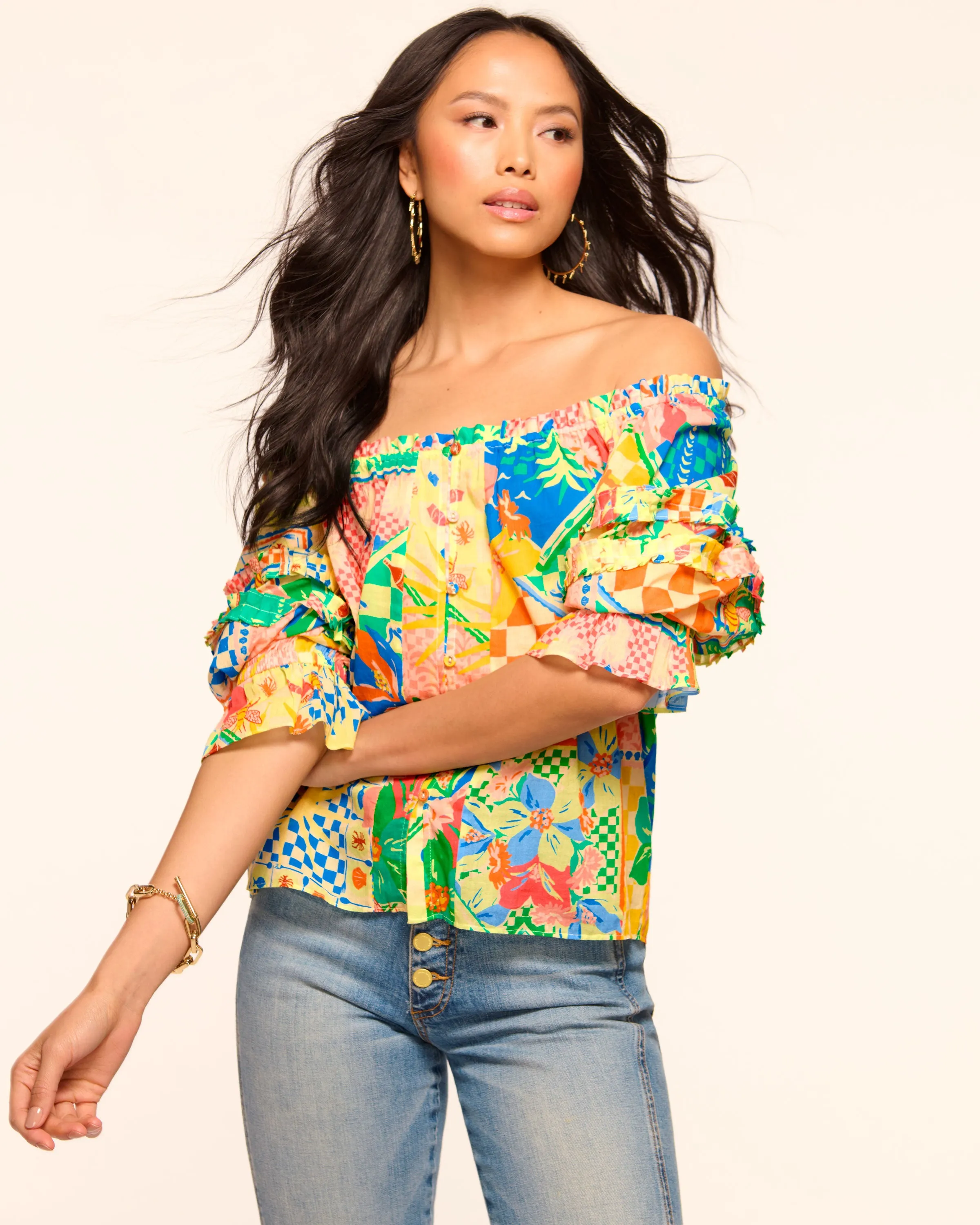 Lula Printed Cotton Off-The-Shoulder Blouse