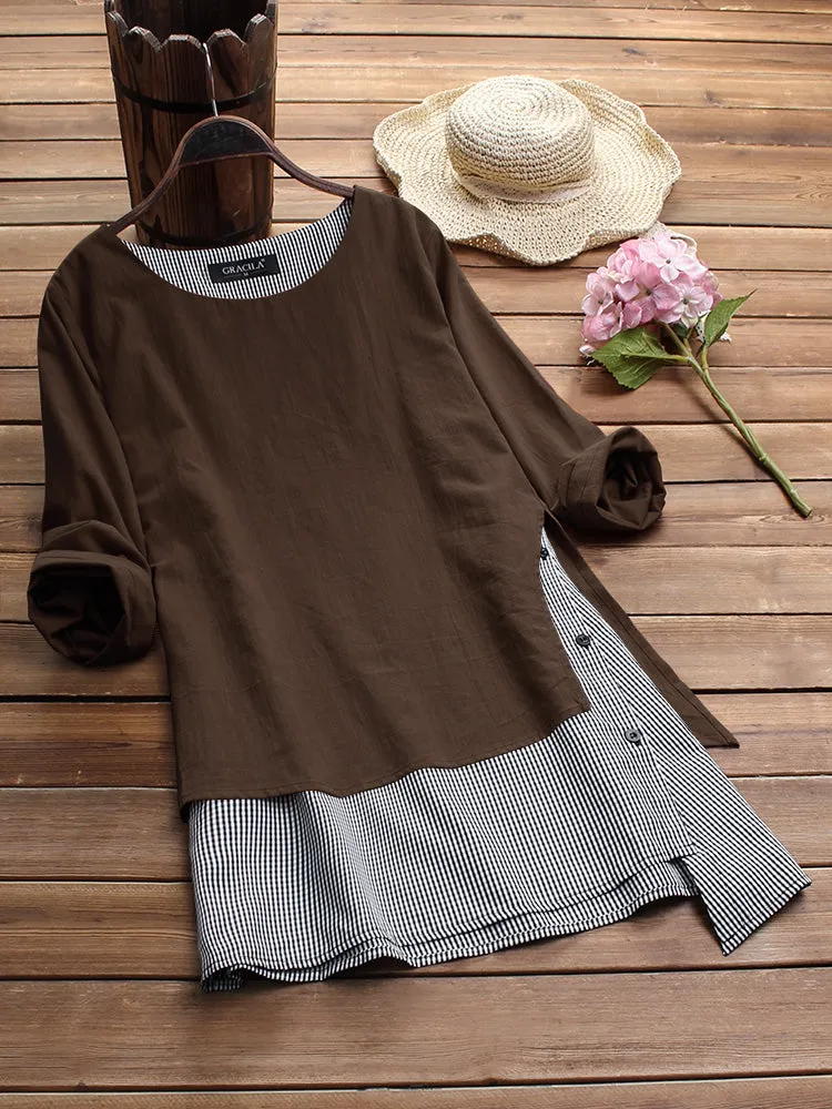 M-5XL Irregular Plaid Patchwork O-neck Long Sleeve Blouse for Women