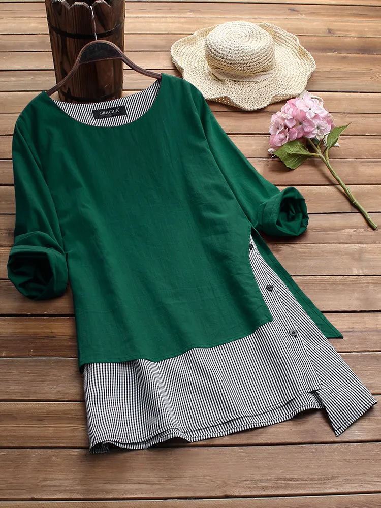 M-5XL Irregular Plaid Patchwork O-neck Long Sleeve Blouse for Women