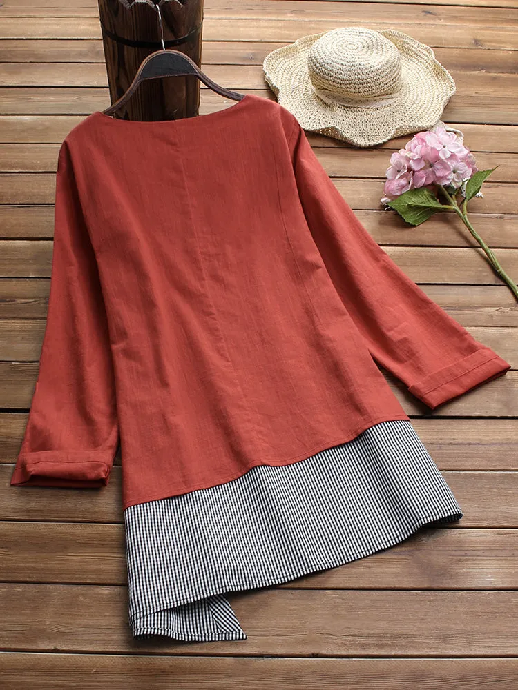 M-5XL Irregular Plaid Patchwork O-neck Long Sleeve Blouse for Women