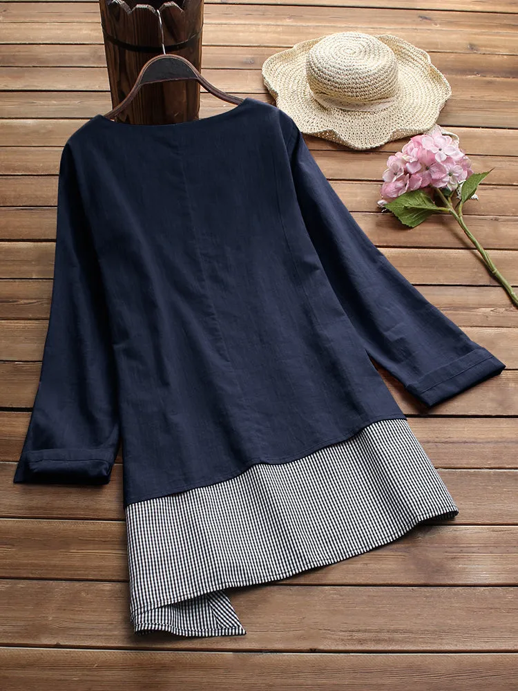 M-5XL Irregular Plaid Patchwork O-neck Long Sleeve Blouse for Women