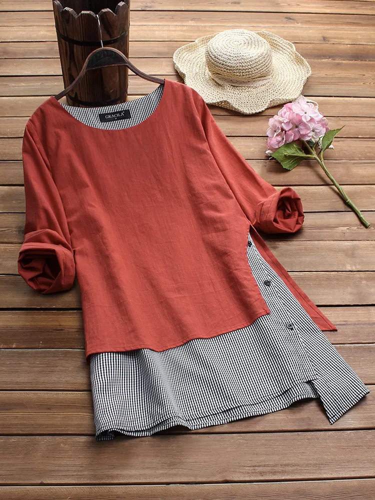 M-5XL Irregular Plaid Patchwork O-neck Long Sleeve Blouse for Women