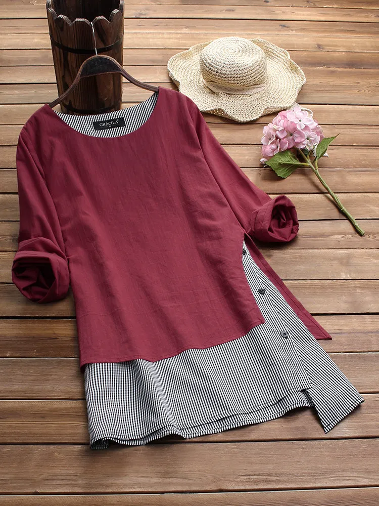 M-5XL Irregular Plaid Patchwork O-neck Long Sleeve Blouse for Women