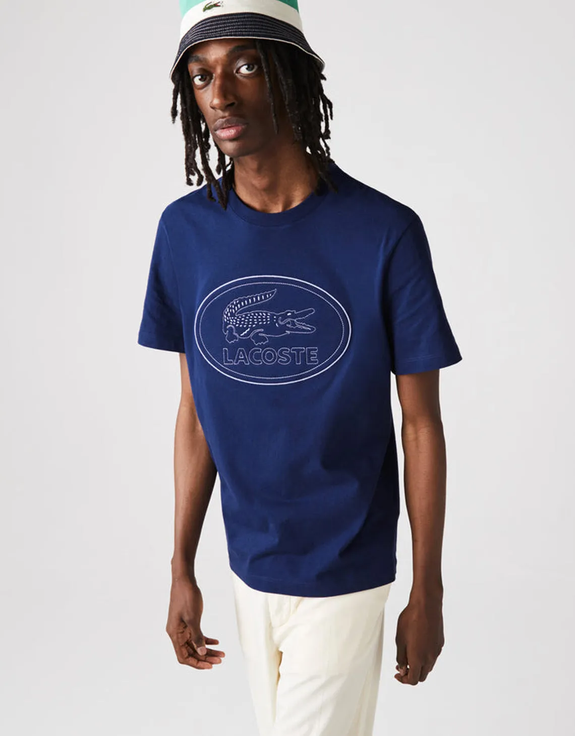 Men's Crew Neck Embroidered Logo Cotton T-shirt Blue