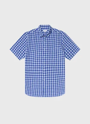 Men's Short Sleeve Linen Shirt in Blue Gingham