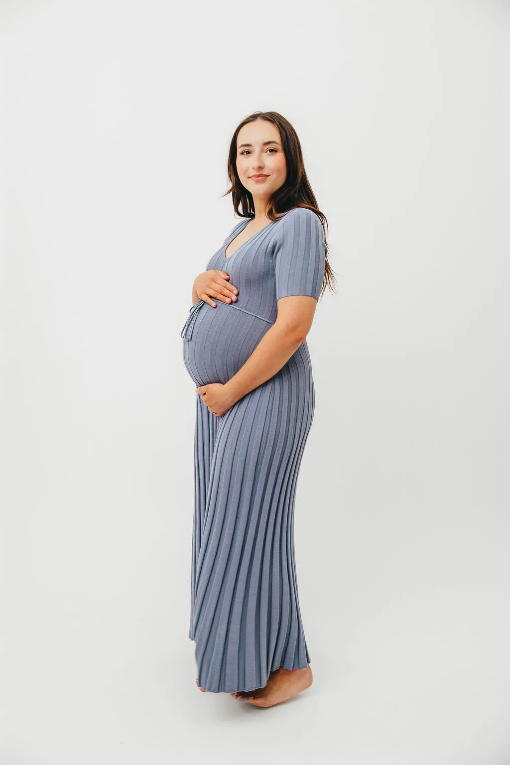 Oakley Ribbed Maxi Dress in Dusty Blue - Bump Friendly