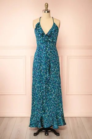 Odile | Maxi Blue Pattern Dress w/ Laced Back