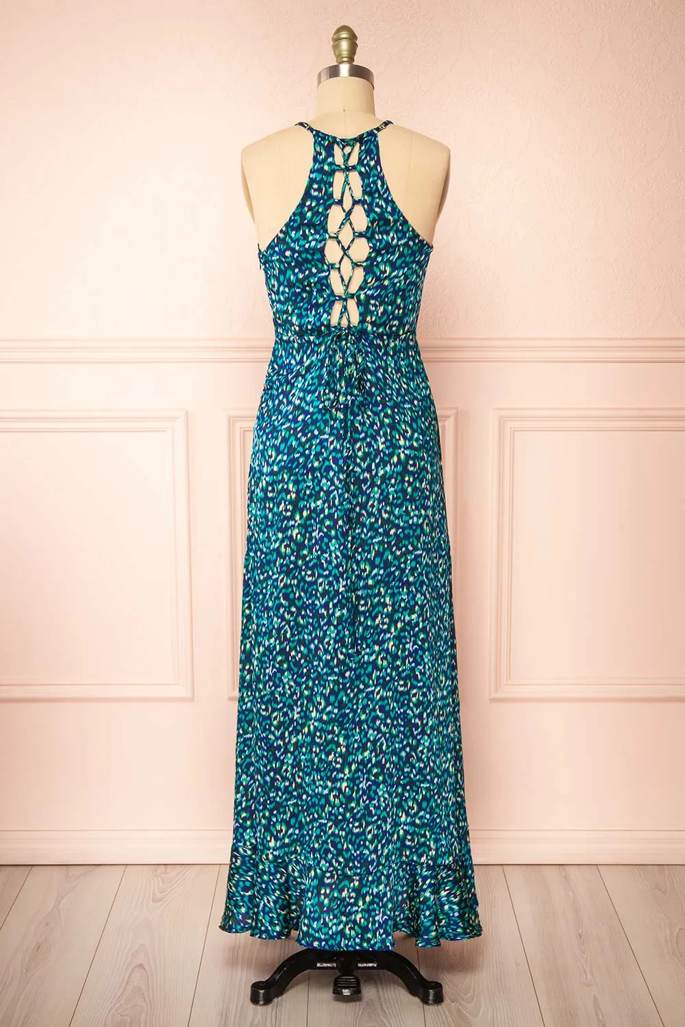 Odile | Maxi Blue Pattern Dress w/ Laced Back