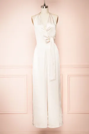 Paige Champagne |  Halter Neck Sleeveless Satin Jumpsuit w/ Belt