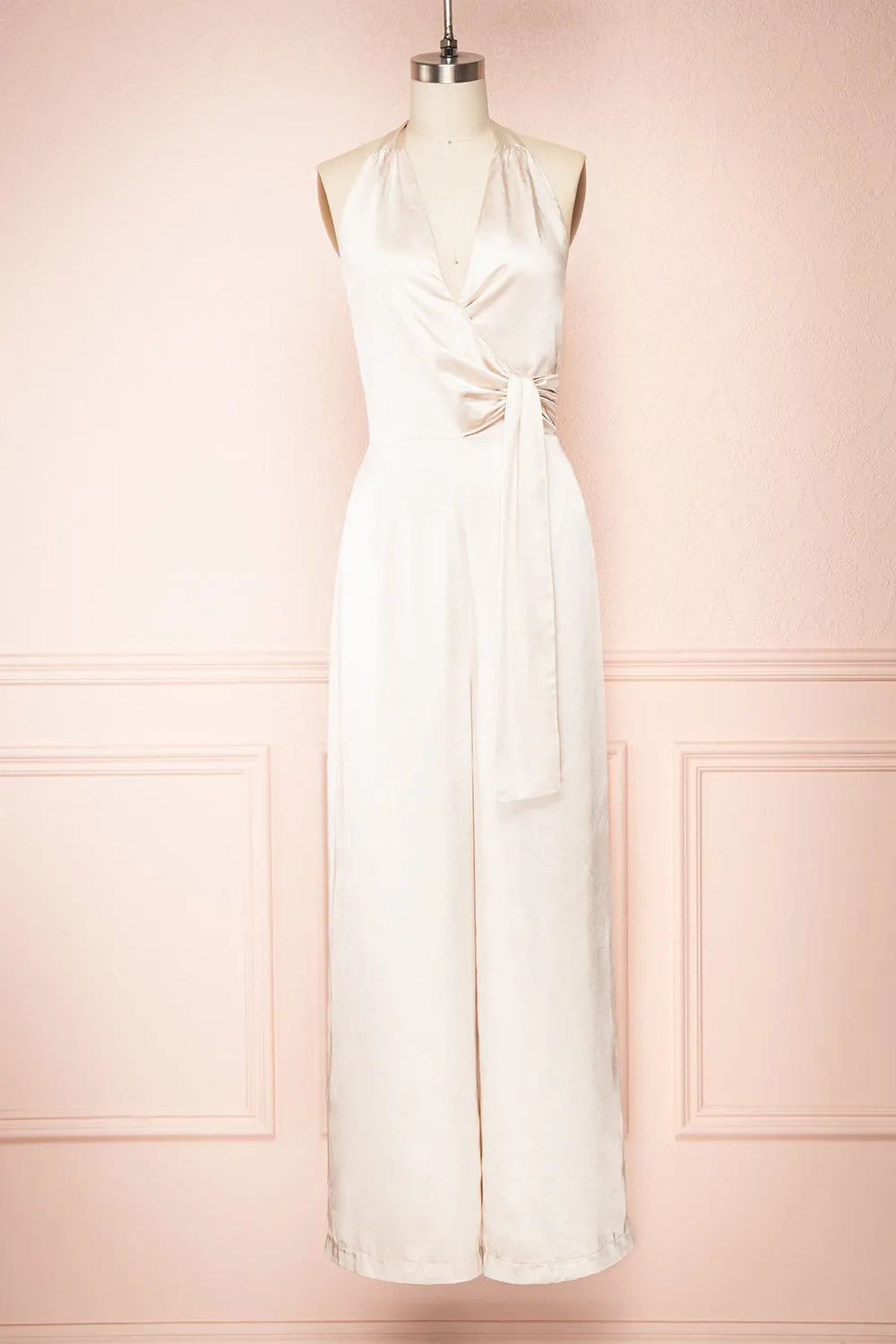 Paige Champagne |  Halter Neck Sleeveless Satin Jumpsuit w/ Belt
