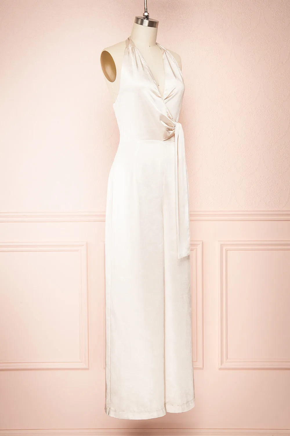 Paige Champagne |  Halter Neck Sleeveless Satin Jumpsuit w/ Belt