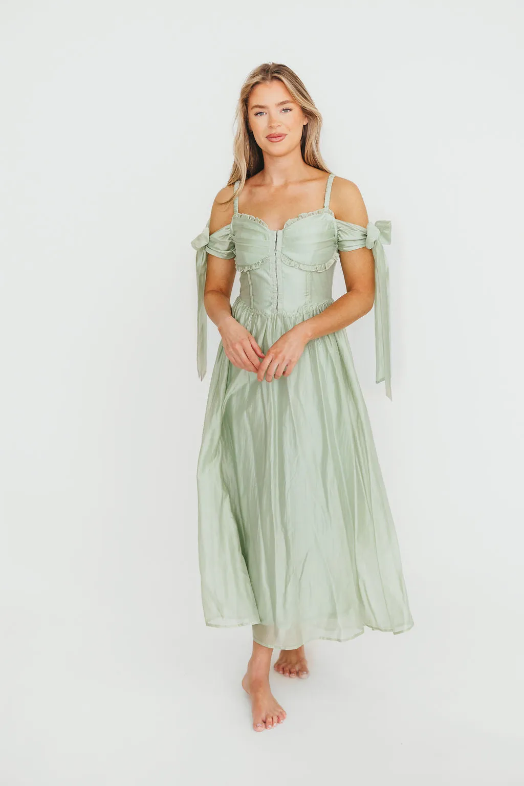 Paulina Sleeveless Sweetheart Midi Dress in Light Sage