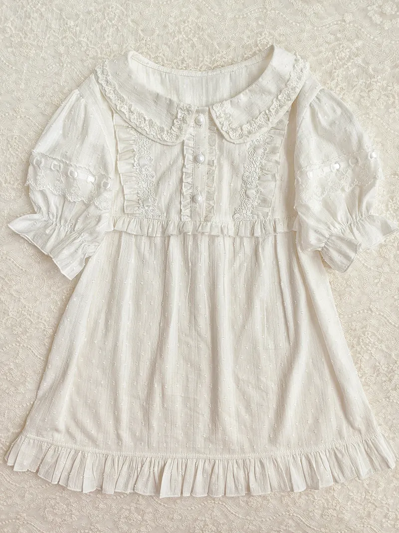 Peter Pan Collar White Lace Blouse With Puff Sleeves