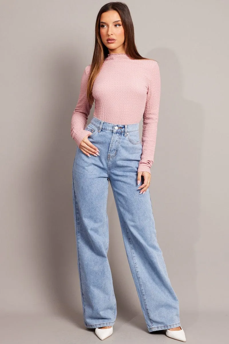 Pink Textured Top Long Sleeve High Neck