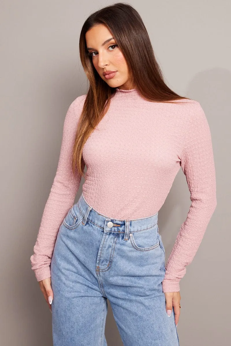 Pink Textured Top Long Sleeve High Neck