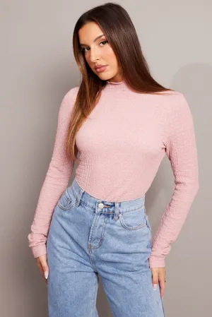 Pink Textured Top Long Sleeve High Neck