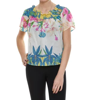 Pinko Allover Floral Print Ruffled Off-Shoulder Blouse