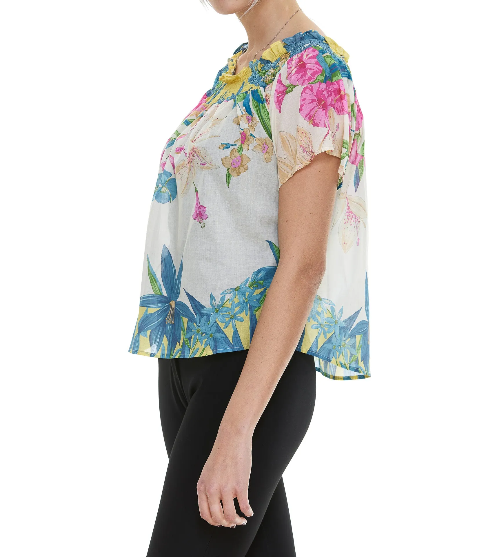 Pinko Allover Floral Print Ruffled Off-Shoulder Blouse