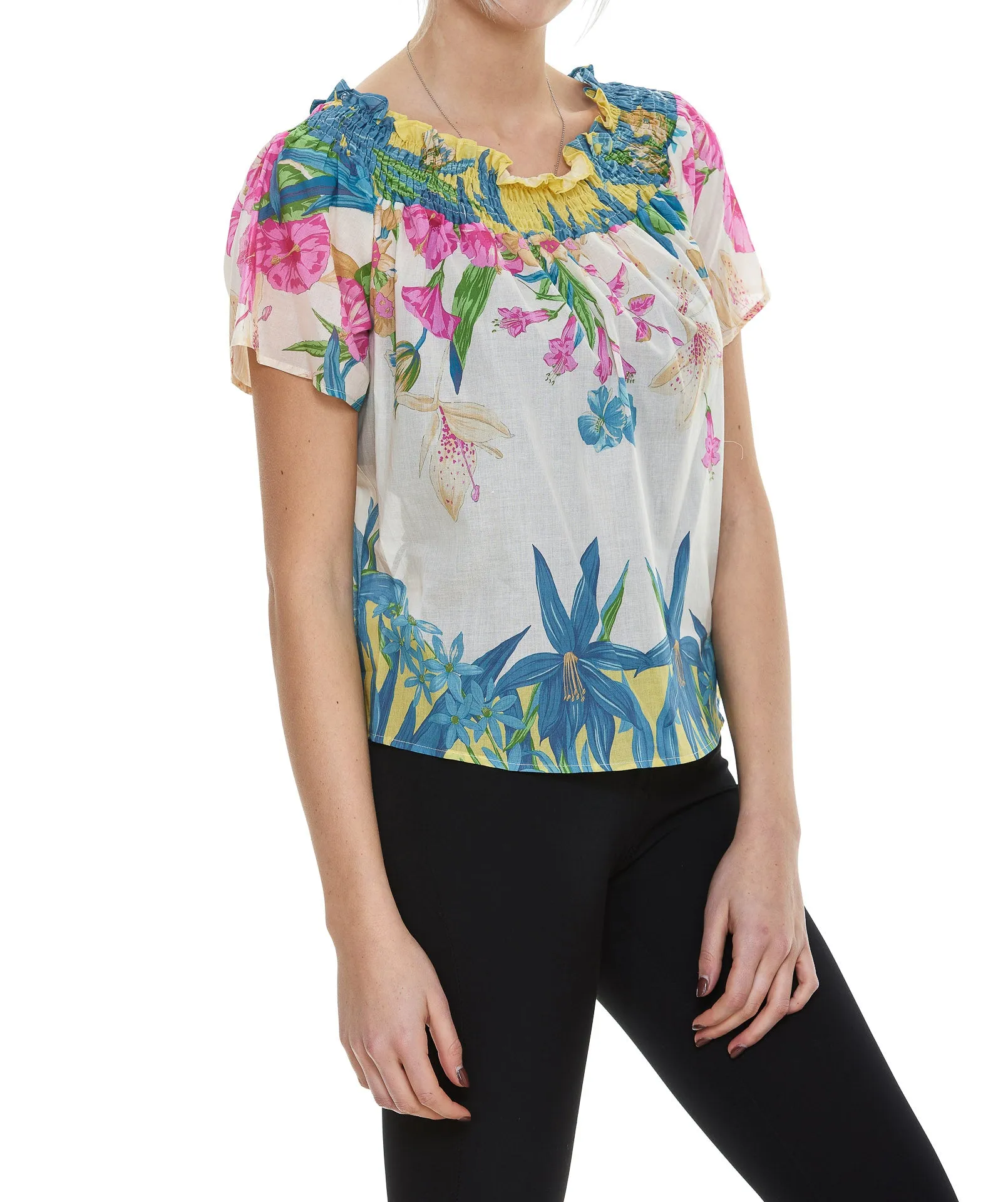 Pinko Allover Floral Print Ruffled Off-Shoulder Blouse