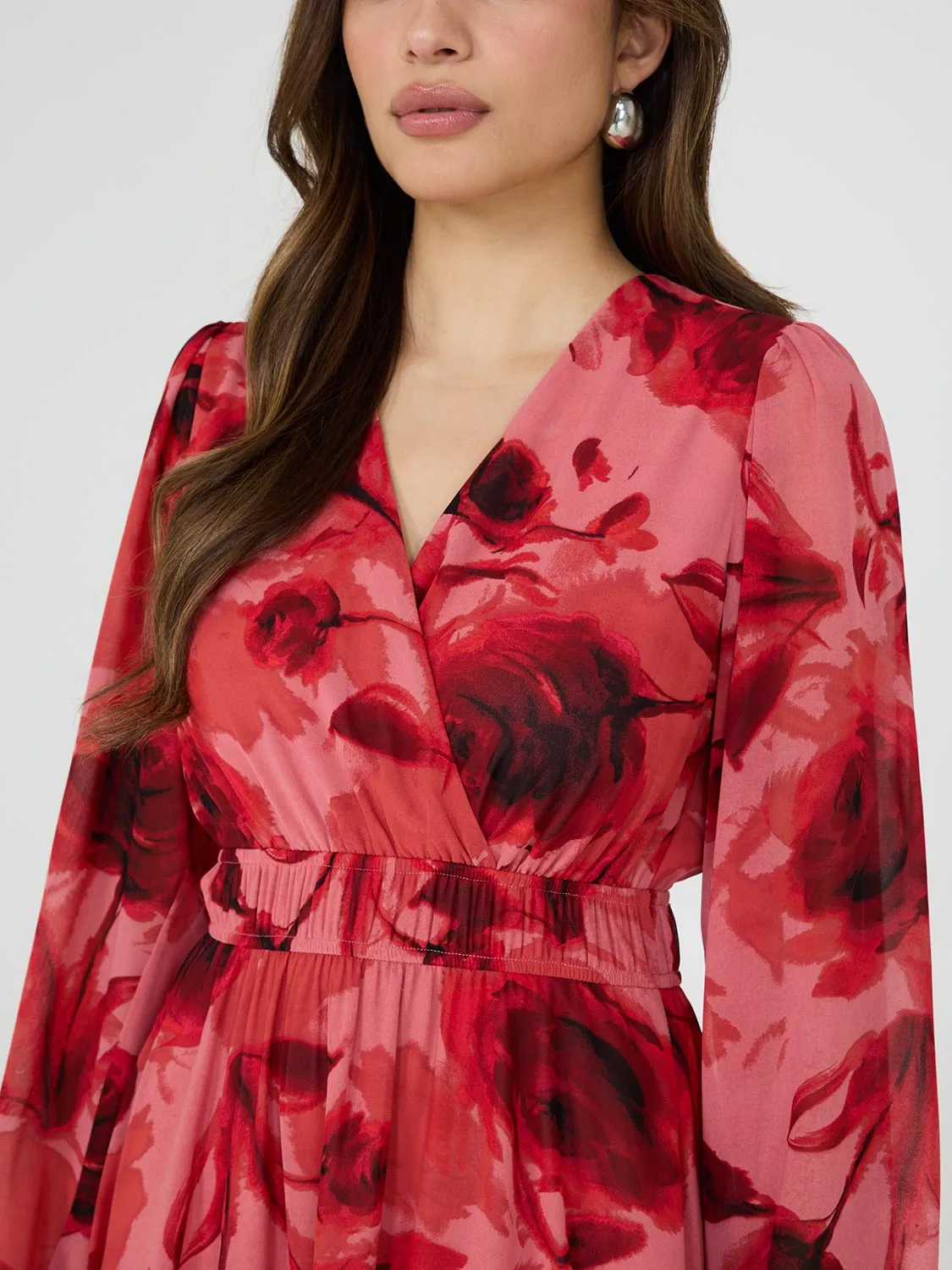 Printed Chiffon Cross-Front Midi Dress