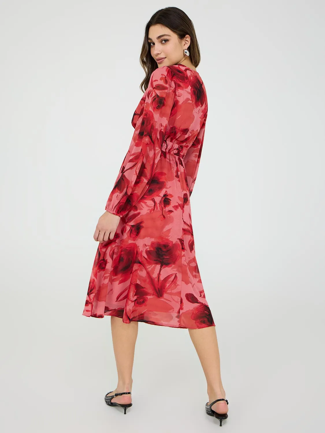Printed Chiffon Cross-Front Midi Dress