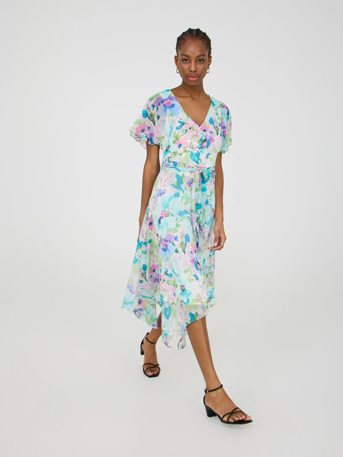Printed Chiffon Handkerchief Hem Dress