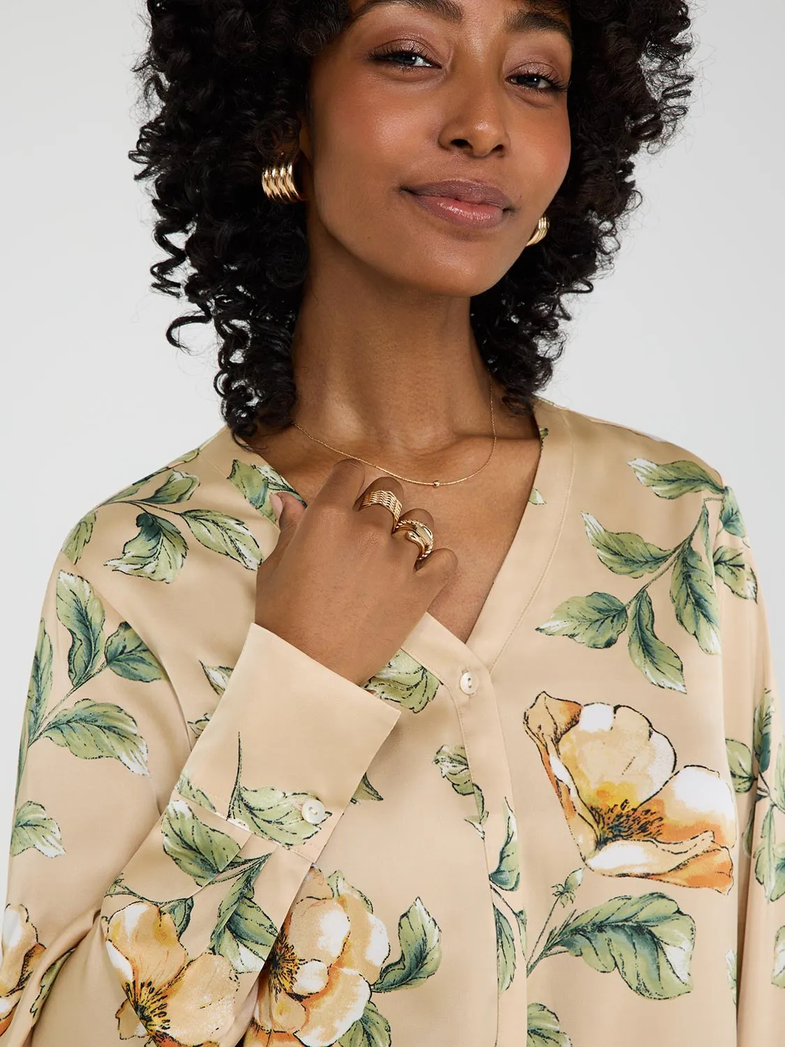 Printed Satin V-Neck Button-Front Blouse