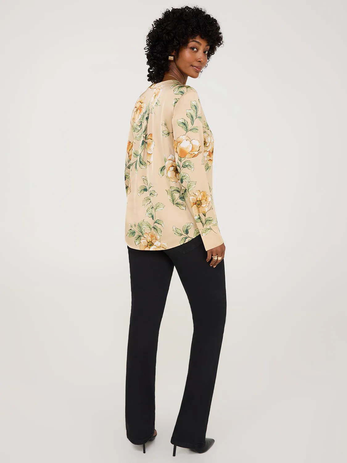 Printed Satin V-Neck Button-Front Blouse