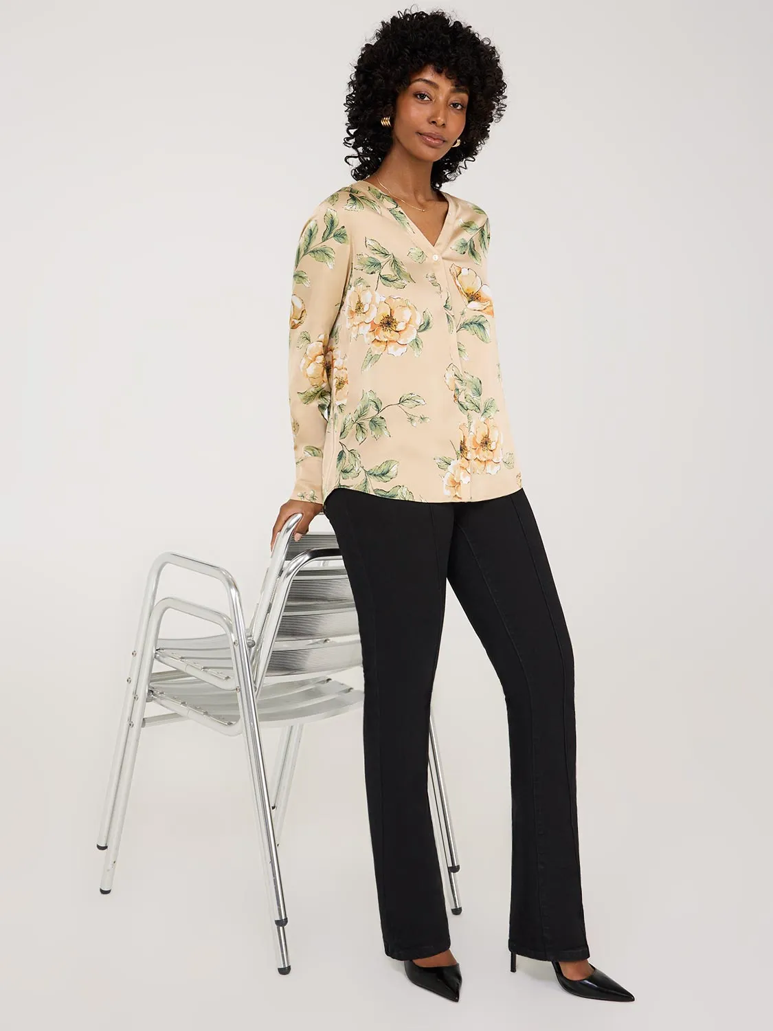Printed Satin V-Neck Button-Front Blouse