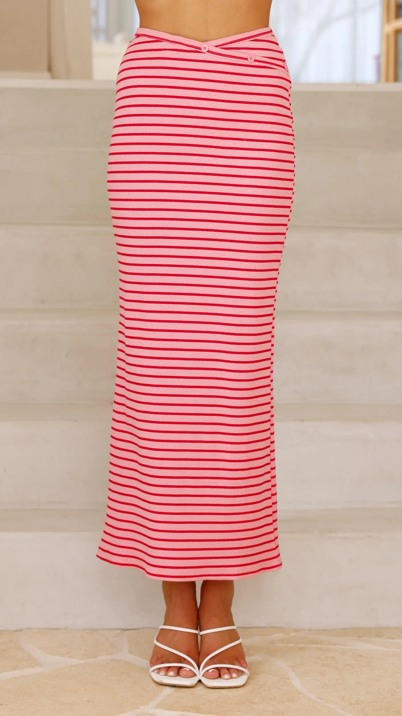 Rahela Button Top and Maxi Skirt Set - Pink/Red Stripe