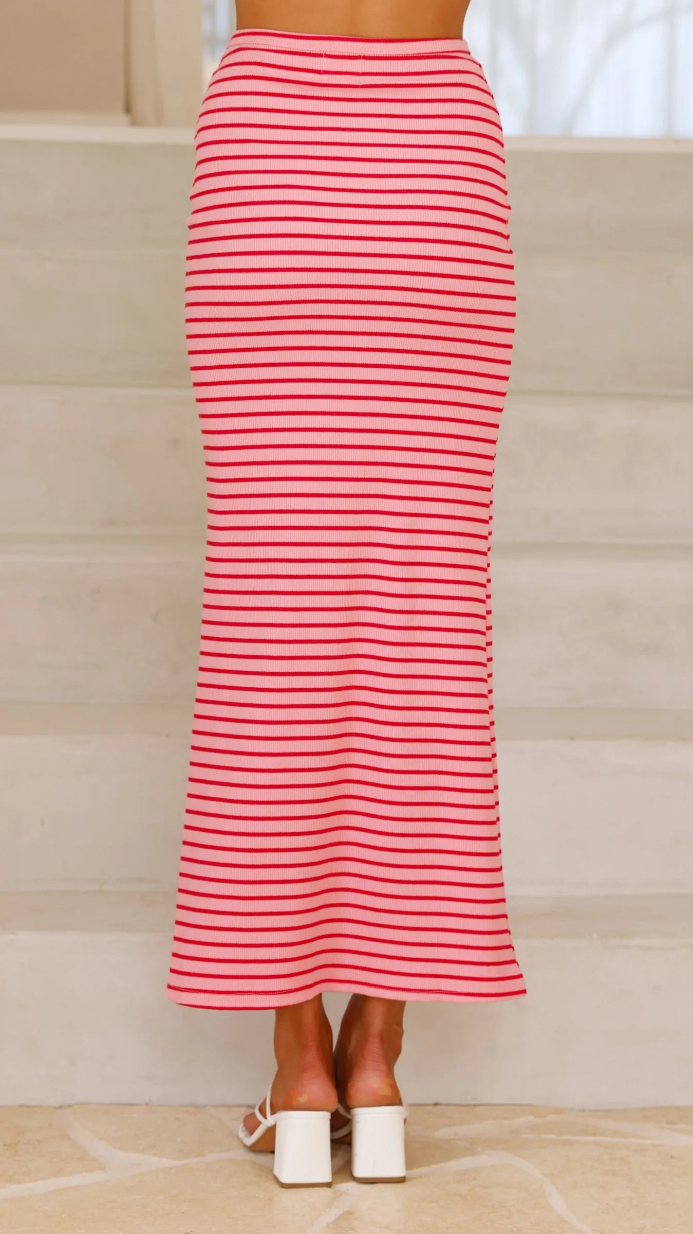Rahela Button Top and Maxi Skirt Set - Pink/Red Stripe