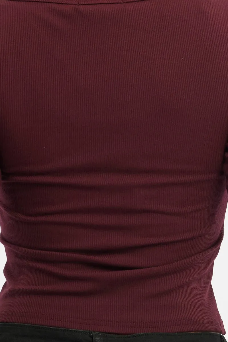 Red Rib Top Long Sleeve Scoop Neck Brushed